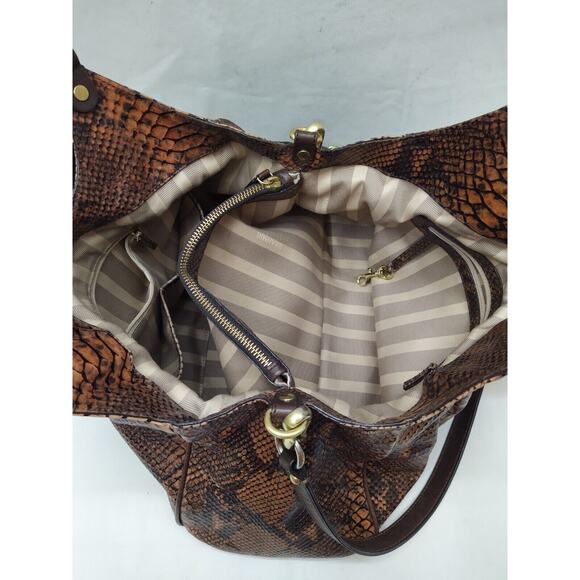 Brahmin Elisa Tortoise Brown Leather Python Embossed Turnlock Shoulder Bag - Picture 13 of 16